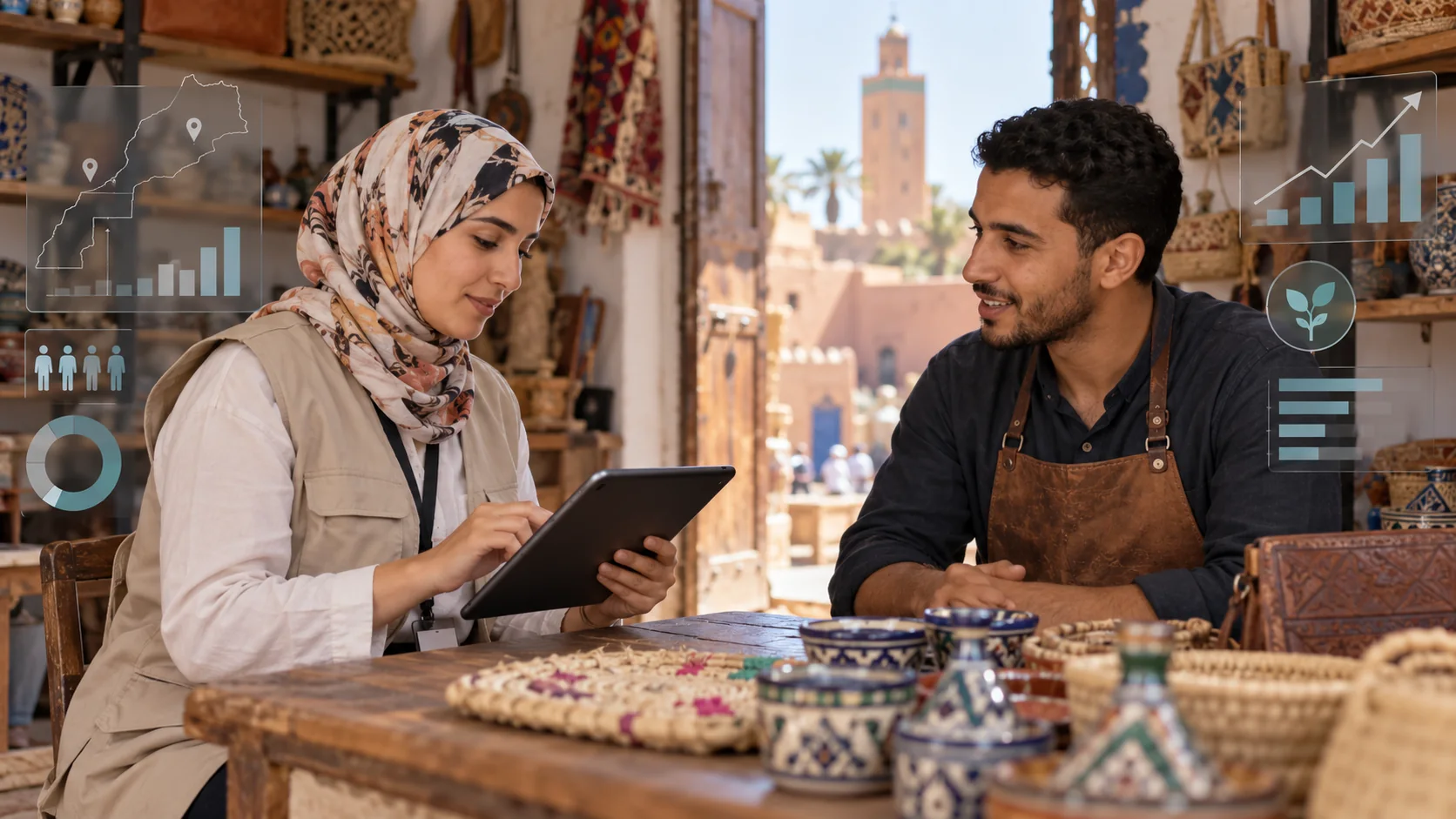Enquêtrice réalisant une collecte de données sur tablette au Maroc