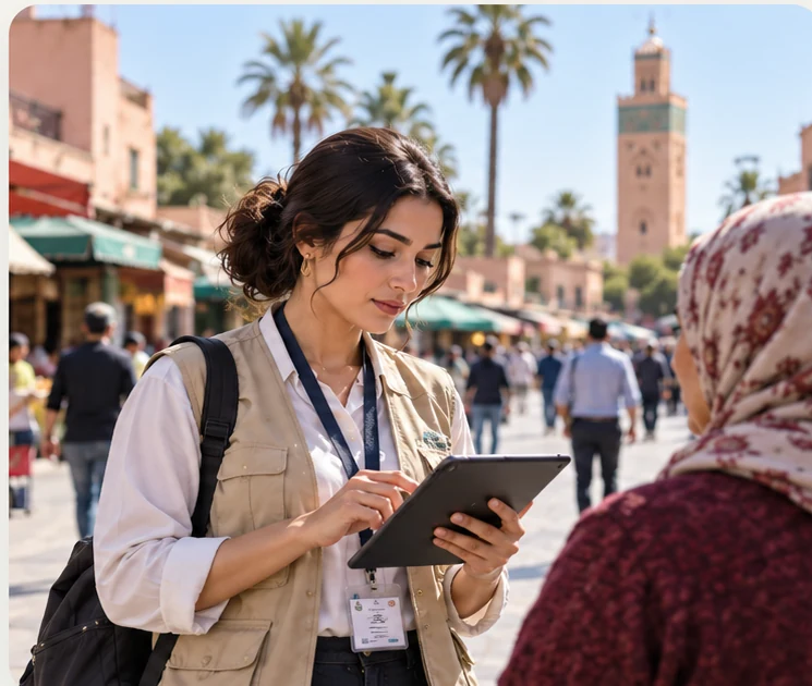 Enquêtrice réalisant une collecte de données sur tablette au Maroc
